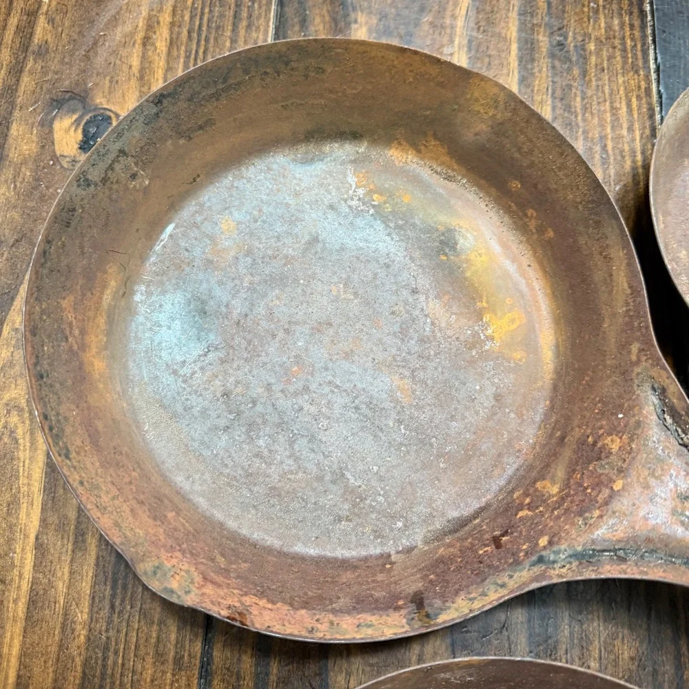 Vintage National Cold Handle Frying Pan Set 4 Cowboy Skillets Carbon Steel Rust